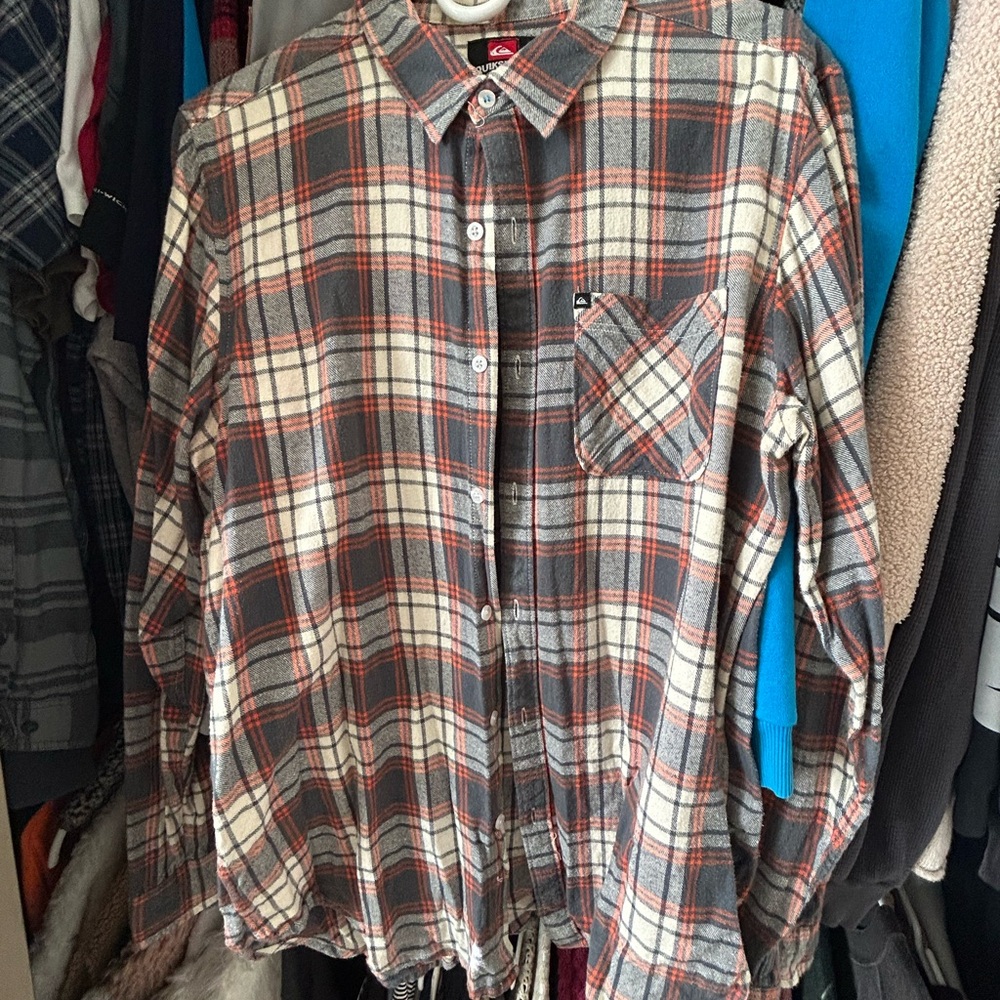 Quiksilver Gray and Red Casual Button Down Shirt